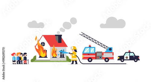 Firefighters battling a house fire with a ladder truck and police car, civilians watch safely