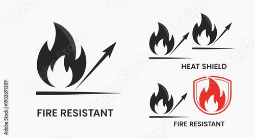 Fire Resistant and Heat Protection Icon Set, Flame Deflection Symbol for Safety and Thermal Insulation, Vector Illustration