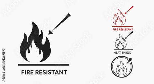 Fire Resistant and Heat Protection Icon Set, Flame Deflection Symbol for Safety and Thermal Insulation, Vector Illustration