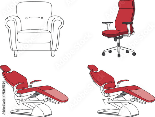 Furniture and medical seating vector collection featuring lounge armchair, ergonomic office swivel chair and adjustable dental treatment chair illustration
