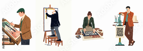 Flat vector illustrations of various people engaged in traditional creative professions like drafting, painting, typesetting, and printing, isolated on white background.