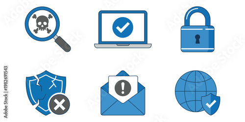 Digital Security Icons: A comprehensive set of digital security icons including a magnifying glass over a skull and crossbones, a laptop with a checkmark, a padlock, a broken shield.
