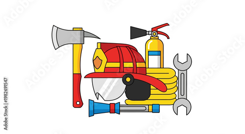 Firefighting Equipment Set Helmet, Axe, Hose, and Fire Extinguisher for Safety and Rescue Operations