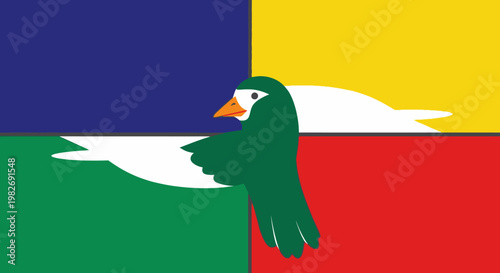 Green bird with orange beak and white chest.