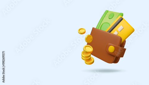 Payment concept. Vector 3d wallet with money banner. Cute financial illustration with copy space. Golden coins, bills and credit card in purse