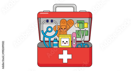 Cute cartoon open red first aid kit filled with essential medical supplies, ready for health, safety, and emergency care needs