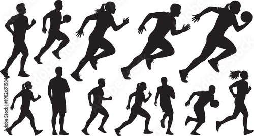 Silhouettes of people running and playing sports
