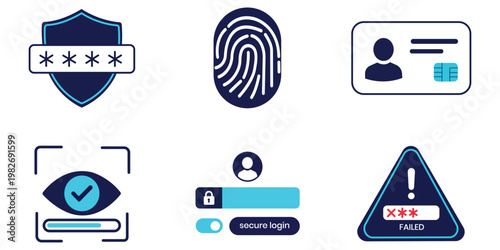 Digital Security Elements: An array of security icons, representing key aspects of digital safety, from password protection to biometric authentication and fraud alerts. 