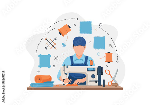 Tailor at Sewing Machine, Crafting Textiles