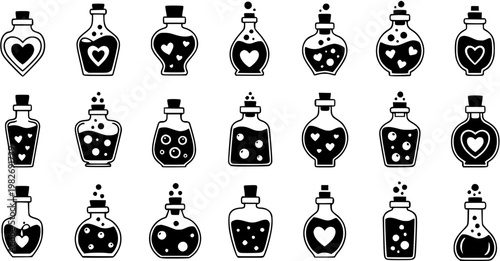 Magic Love Potion Bottles Glyph Icons Set. Fantasy Elixir Vials. Black and White Solid Symbols for Romance, Valentine's Day, and Mystical Designs.