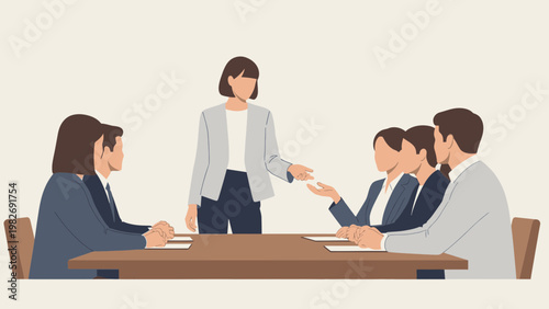Businesswoman leads meeting, handing document to colleague at boardroom table