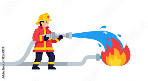 Firefighter bravely battles a blazing fire with a powerful stream of water from a hose, showcasing courage and quick response