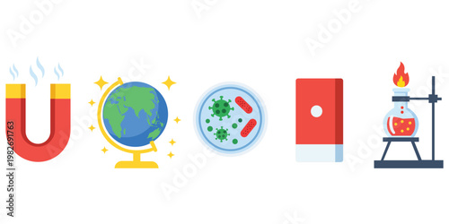 Science tools Icon Set: A collection of various science tools representing a range of scientific disciplines, ideal for illustrating educational concepts and innovation.