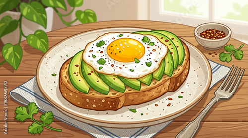 Gourmet Avocado Toast with Fried Egg and Chili Flakes on Wooden Table