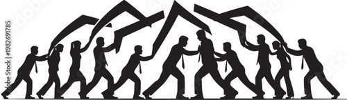 Silhouette of people working together to build house