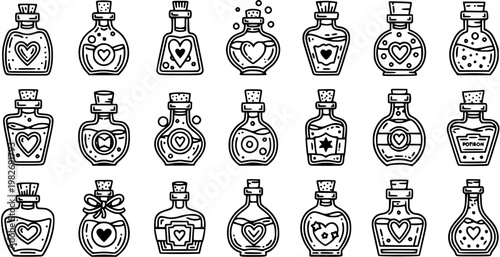 Magic and Love Potion Bottles Black  White Line Art Icon Set. Hand-drawn Elixir Flasks Collection for Fantasy, Witchcraft, Romance, and Halloween Concepts.