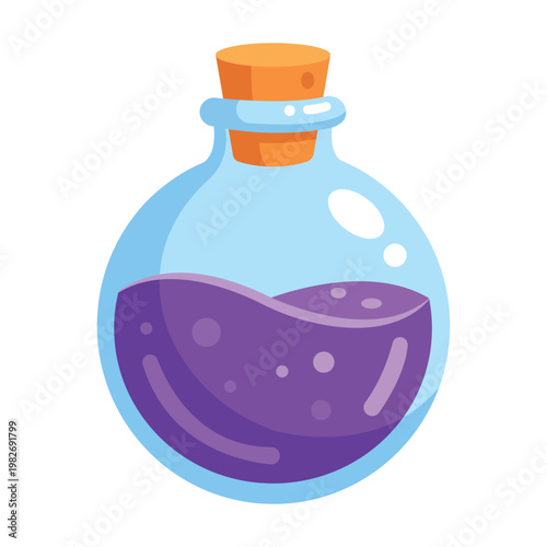 Potion in a Glass: A cartoon style illustrated of a transparent glass bottle with a cork stopper, filled with a mysterious purple liquid, capturing the essence of magic and wonder.