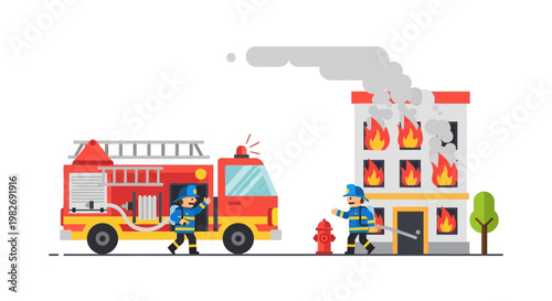 Professional firefighters in action, bravely battling a blazing building with their red fire truck, an illustration of emergency response and community safety