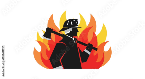 Brave Firefighter Silhouette with Axe Against Fiery Background - Emergency Response and Protection Concept Vector Illustration