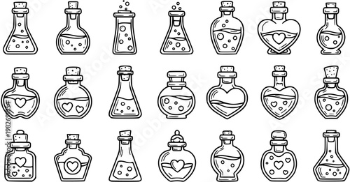 Black and White Line Art Magic Potion Bottles and Love Elixirs Vector Icons Set - Hand Drawn Doodle Style Alchemy Flasks and Vials Collection