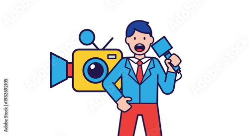 Journalist reporting live with microphone and camera, professional media news broadcast