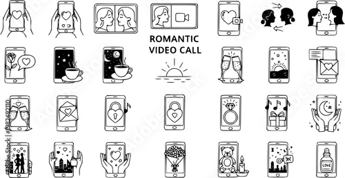 Romantic Video Call and Online Dating Mobile Phone Line Art Icons Set for Love, Relationship, and Communication Apps