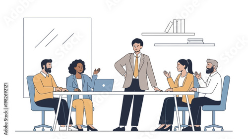 Diverse business team in meeting, discussing ideas around a conference table