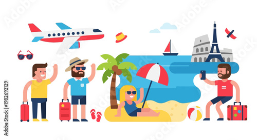 Exciting Summer Vacation with Friends Beach, Eiffel Tower, and Airplane Travel Adventures