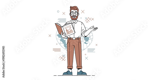 Man with book and globe, teacher or traveler, flat illustration, educational concept