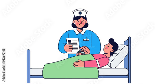Caring professional nurse provides essential medical attention to a patient resting in a hospital bed during a routine health check-up