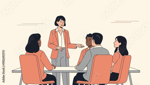 Diverse business team in meeting, woman leading discussion, modern office illustration