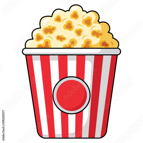 Popcorn Treat: A close-up illustration of a classic popcorn bucket, filled to the brim with fluffy, golden popcorn, ready for movie night or a fun snack break.