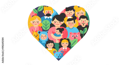 A loving family and beloved pets illustration within a vibrant heart shape, representing togetherness and care