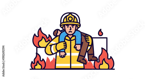 Firefighter heroically carrying a person to safety amidst a raging inferno