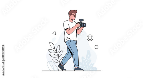 Man with camera walking outdoors, videographer, content creator, lifestyle illustration