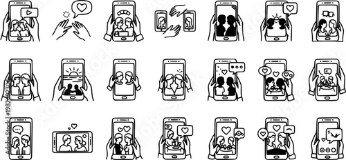 Black  White Line Art Icons: Mobile Phone Relationships  Social Media Communication Doodles. Couples, Hands, Hearts  Chat on Smartphone Screens.
