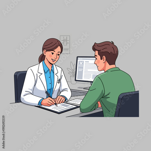 Doctor consulting patient in clinic, writing on medical record, healthcare concept