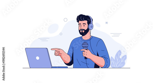 Man with headphones and microphone pointing at laptop, podcasting or online presentation