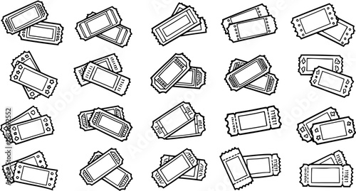 Black and White Line Art Entertainment Tickets Vector Set. Hand-drawn Doodle Style Collection for Event Admissions, Raffle, and Leisure Concepts.