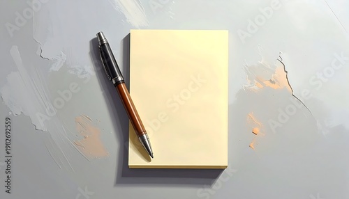 A notepad and pen on a gray surface