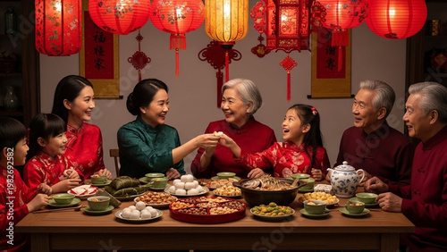 Chinese family sharing a traditional fish dish and dumplings during a festive Lunar New Year reunion dinner at home.