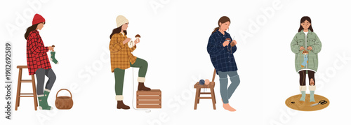 Set of illustrations featuring women in cozy attire knitting and darning socks with wooden mushrooms, reflecting slow living and handicraft hobbies.