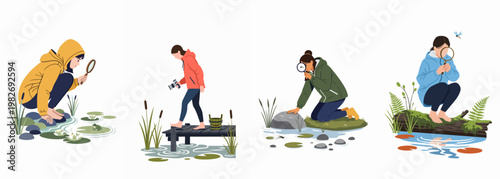 Children exploring nature and pond life with magnifying glasses and cameras, flat vector illustration of young scientists discovering wildlife.