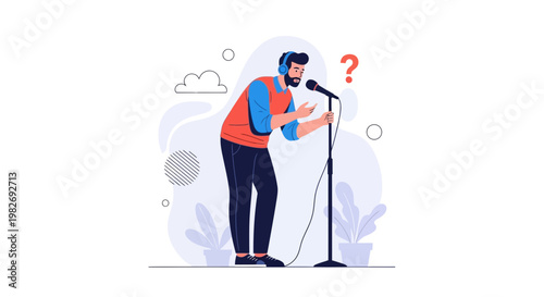 Man with headphones speaking into microphone, confused expression, question mark