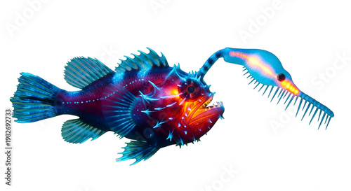 Vibrant glowing bioluminescent deep sea fish anglerfish weird alien monster isolated on white background