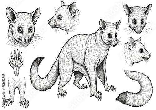 Comprehensive conceptual collection of hand-drawn ringtail possum illustrations, detailing unique arboreal mammal features