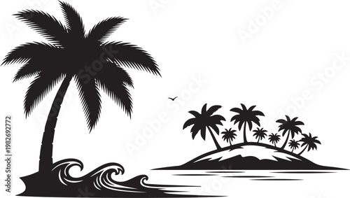Black and white tropical island with palm trees