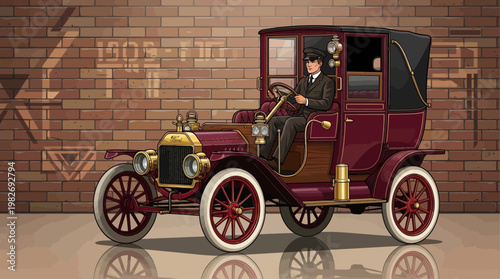 An illustration of a vintage maroon car from the early 20th century with a driver and passenger against a brick wall.