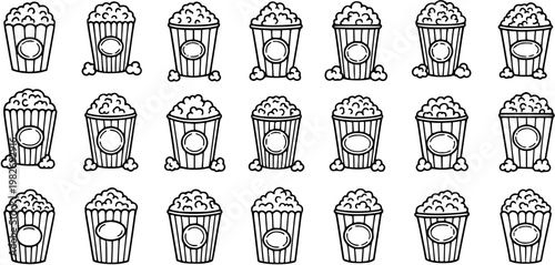 Black and White Line Art Popcorn Boxes and Buckets for Cinema and Movie Entertainment Food. Outline Vector Icon Set of Snack Containers.