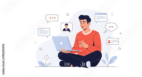Man with Laptop in Video Call, Online Communication, Remote Work, Chat Bubbles
